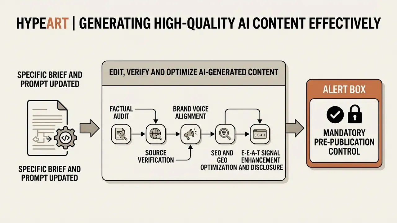 Process diagram showing editorial steps for auditing, brand alignment, SEO, and pre-publication controls