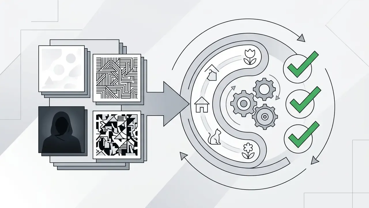Stack of diverse input images feeding into a circular processing loop with gear icons and checkmarks
