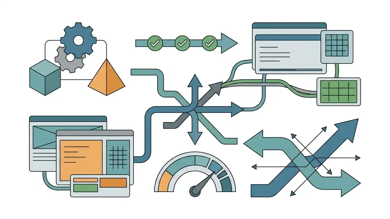 Geometric shapes and software windows connected by directional arrows to a central performance gauge