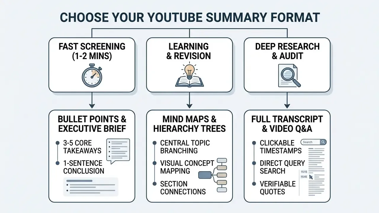 Comparison chart matching three YouTube summary tasks with recommended formats like bullet points or maps