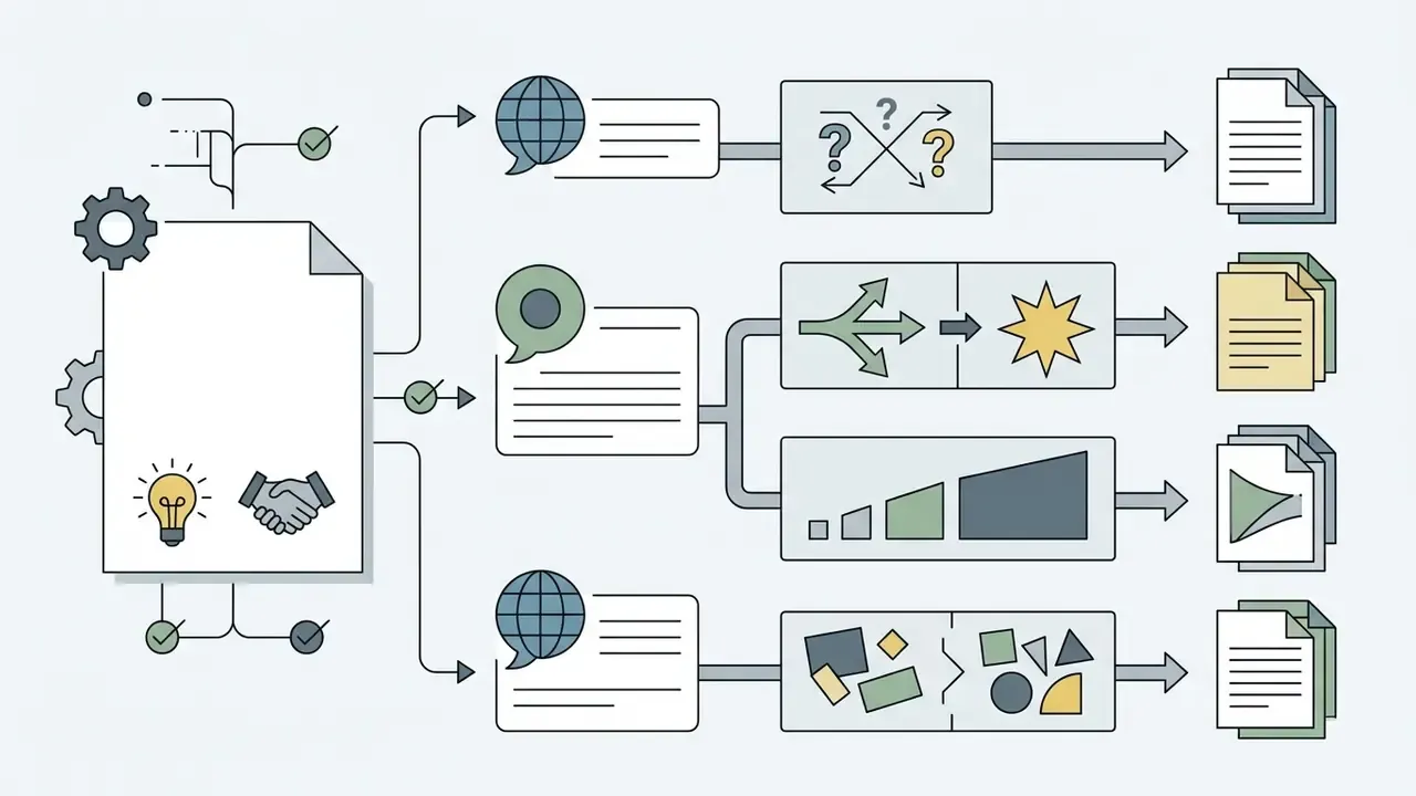 Document icon branching into multiple processing paths that transform inputs into varied output formats