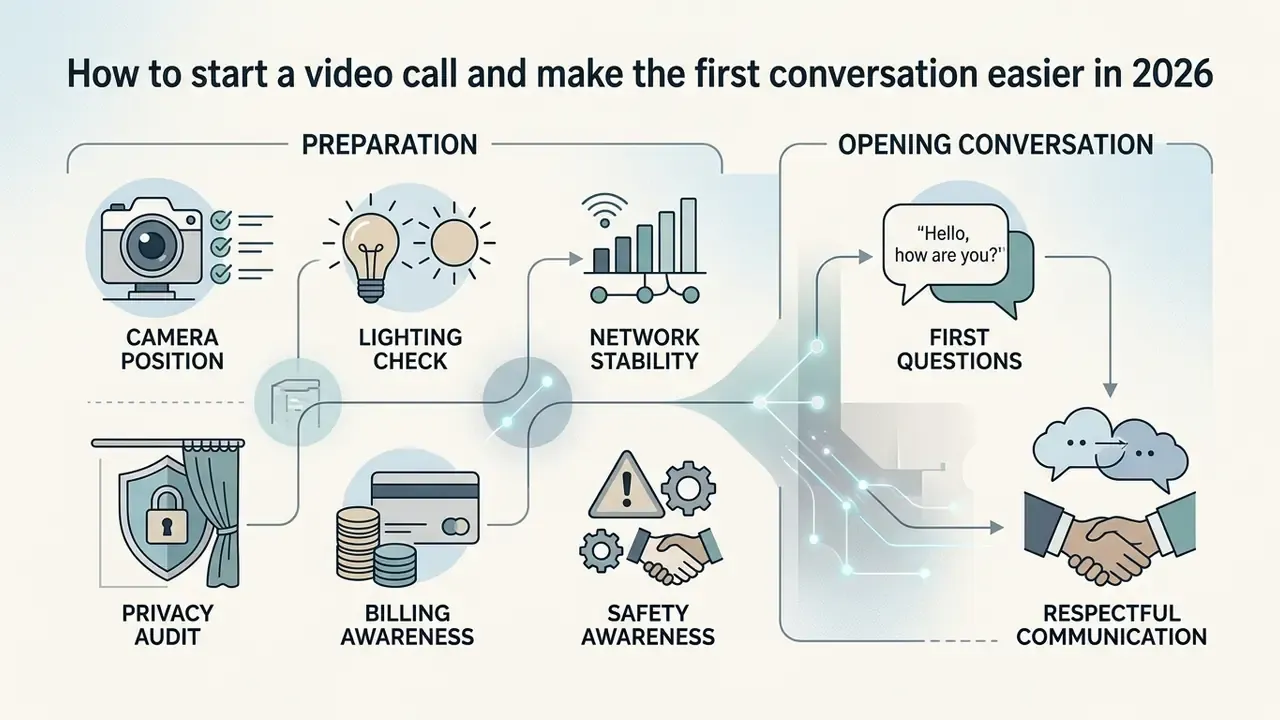 Steps for video call preparation including technical checks and guidelines for polite communication