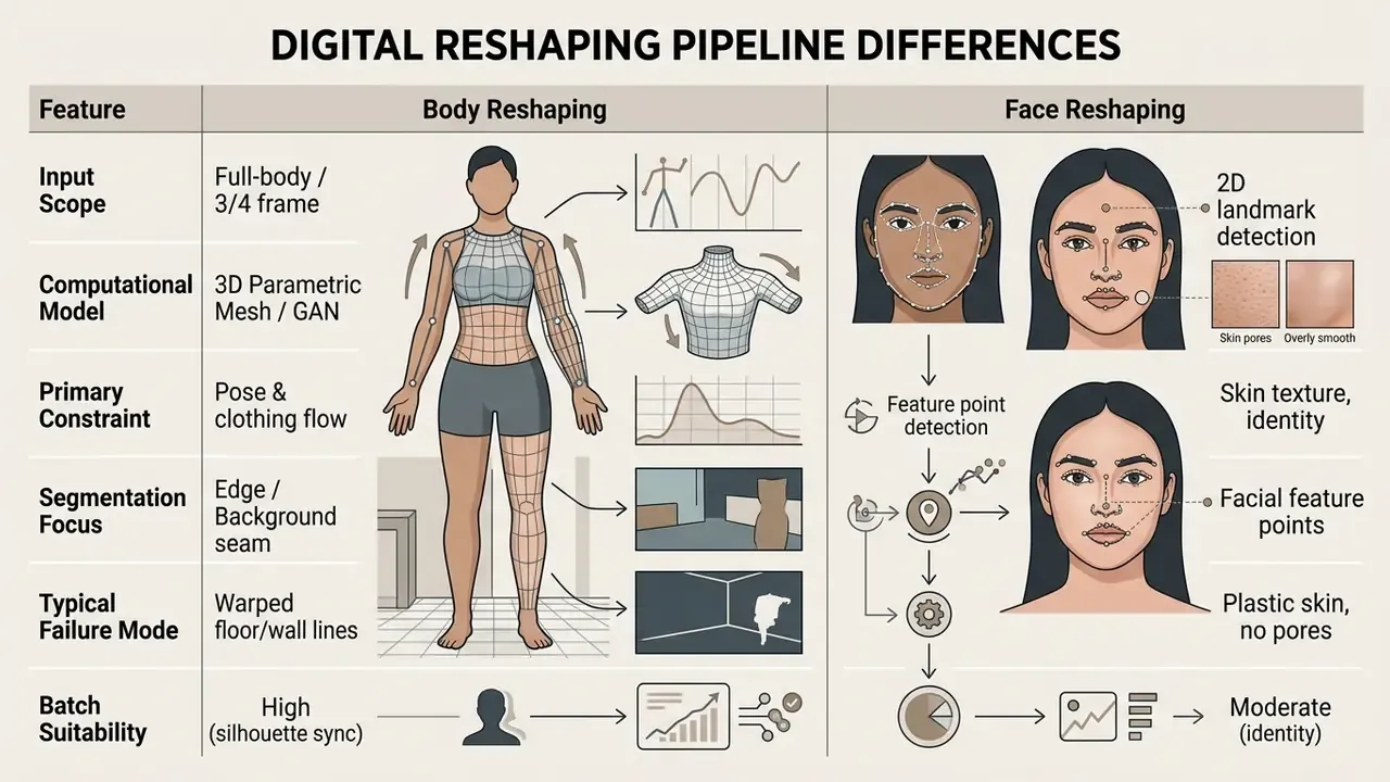 Comparison table detailing technical differences between body and face reshaping pipelines in photo editing