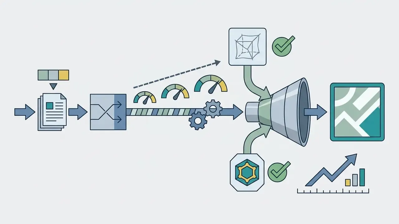 Technical diagram showing text inputs processed through a funnel with structural and adapter controls