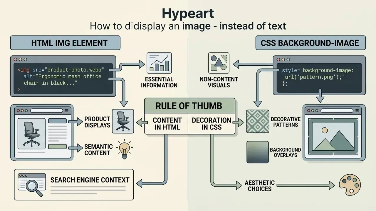 Comparison chart showing when to use HTML img tags for content versus CSS for decorative visuals