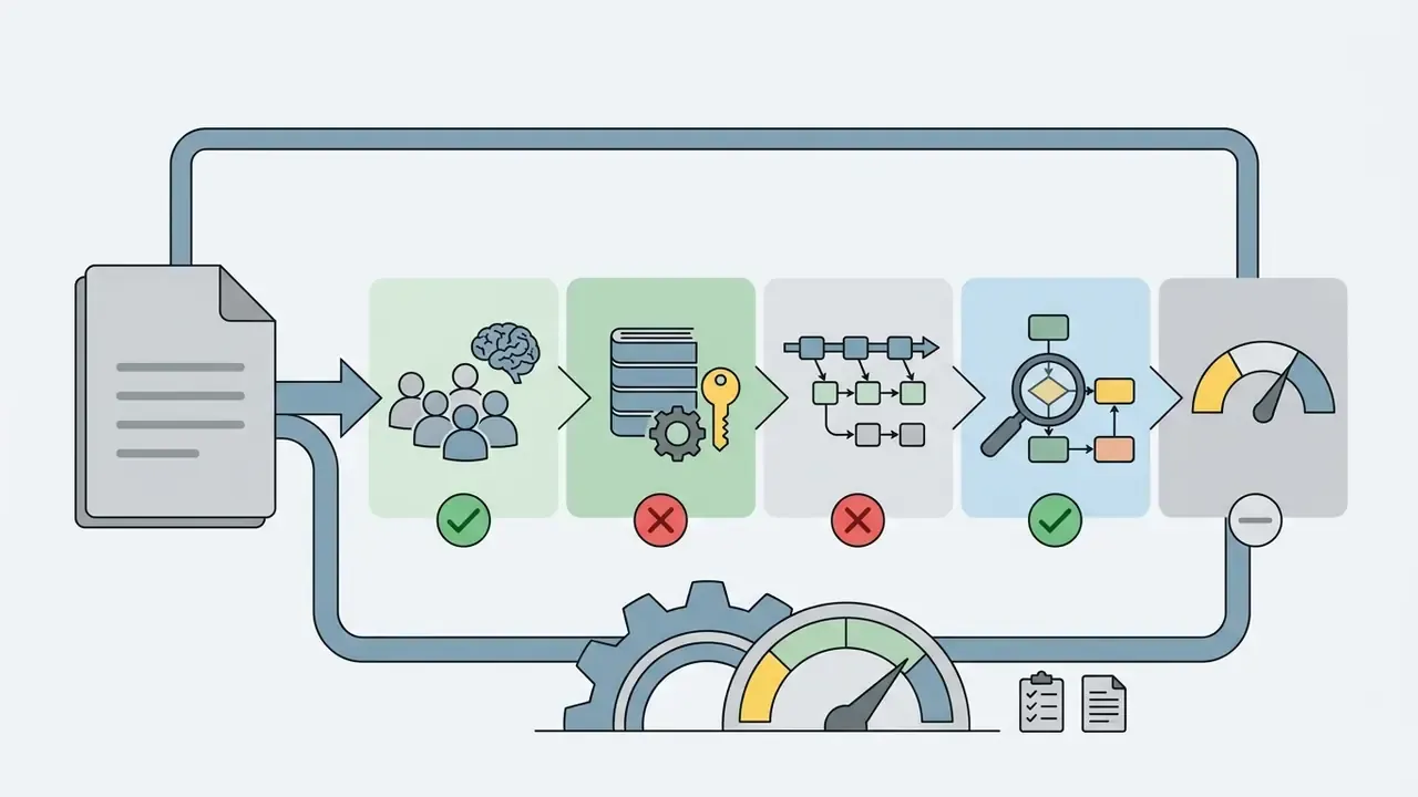 Series of icons representing a process with checkmarks and crosses indicating evaluation steps