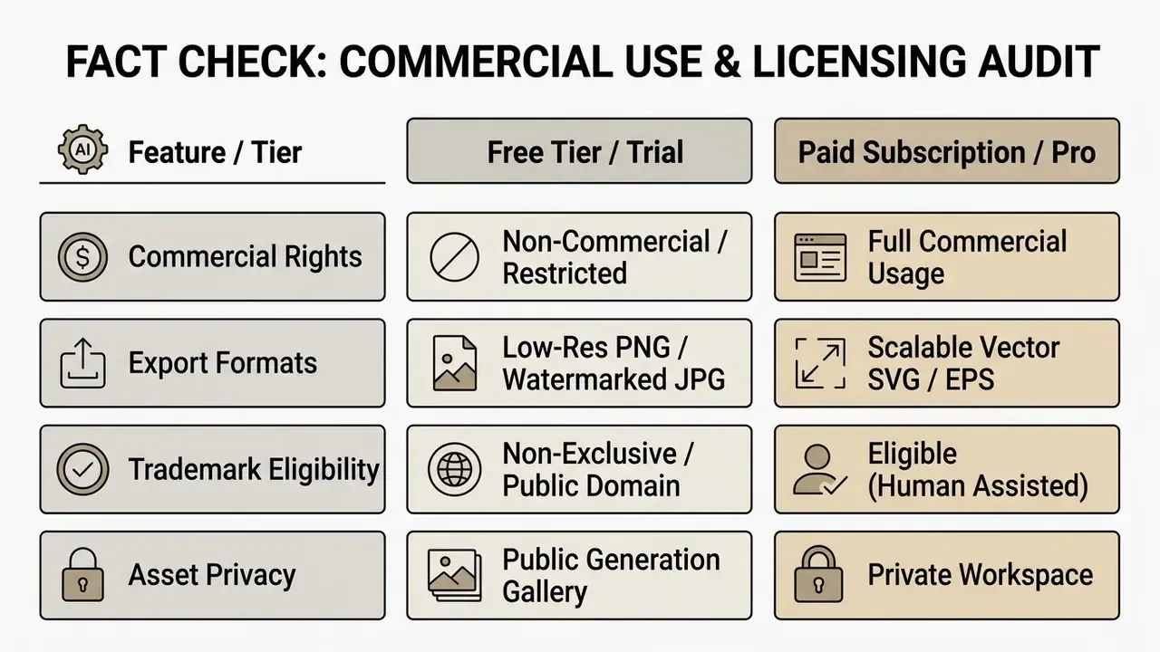Comparison table contrasting commercial rights, file formats, and privacy for free versus paid AI logo maker tiers