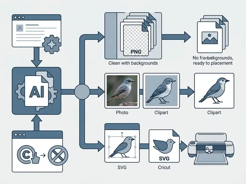 Flowchart showing how AI tools process inputs into PNG, clipart, and SVG files for various design projects