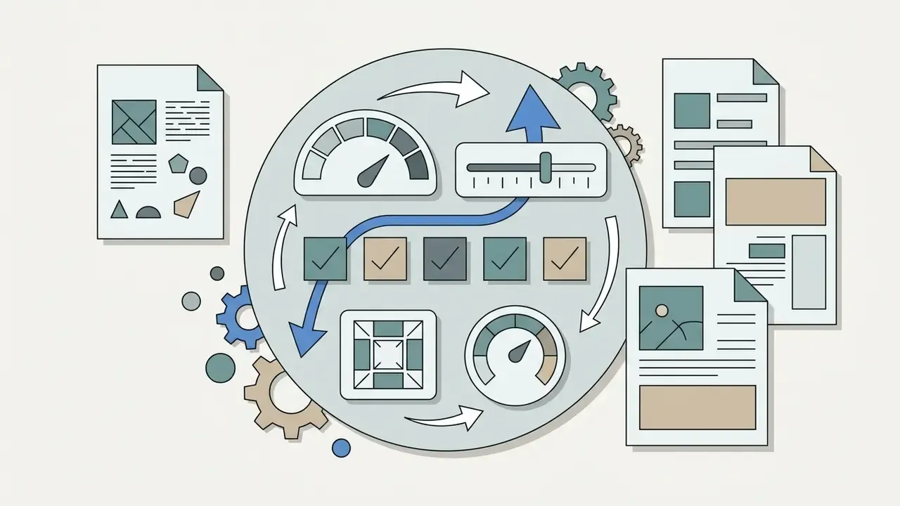 Central circular processor surrounded by documents and gears displaying gauges, sliders, and checkmark icons