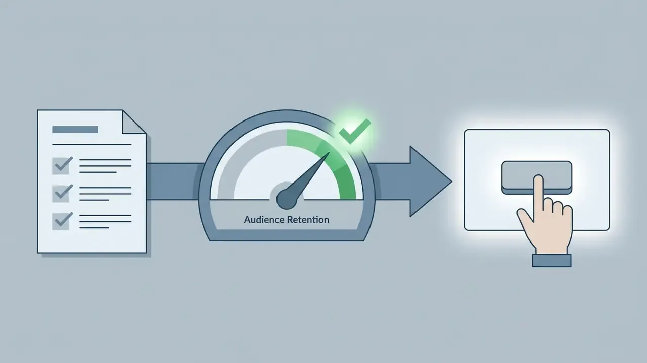 Checklist feeding into an audience retention gauge that leads to a finger pressing a call to action button