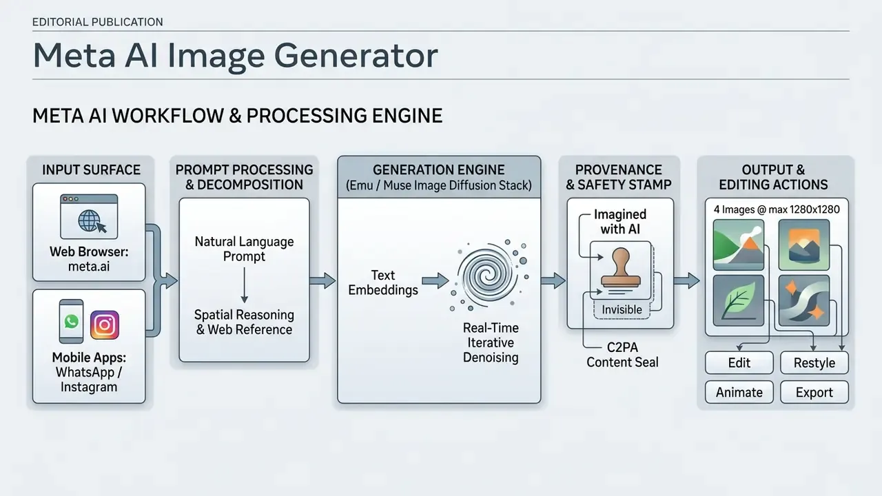 Flowchart illustrating the Meta AI image generator process from user input to final output and editing