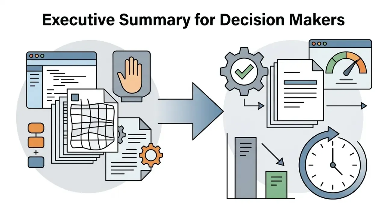 Comparison showing complex manual document processing transitioning into streamlined automated workflows