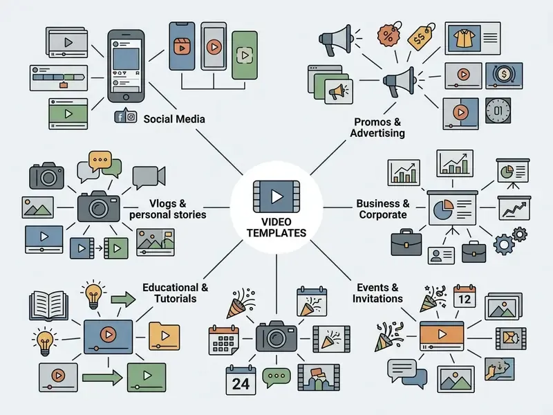 Mind map showing various Canva video templates organized by categories like social media and corporate
