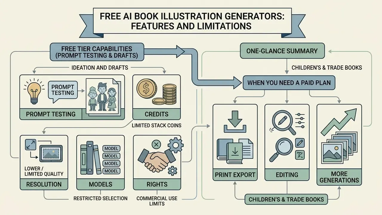 Summary chart comparing free tier capabilities against paid plan requirements for book illustration tools