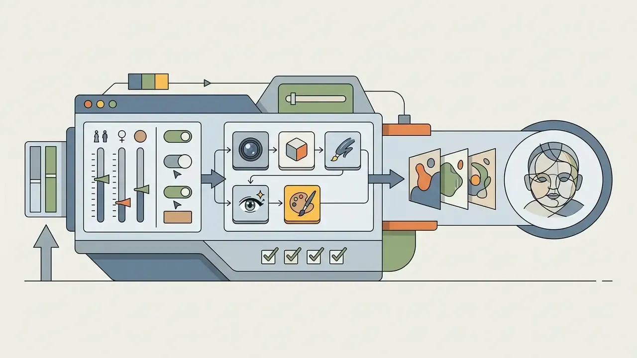 Control panel with sliders and style icons converting input data into artistic portrait renderings