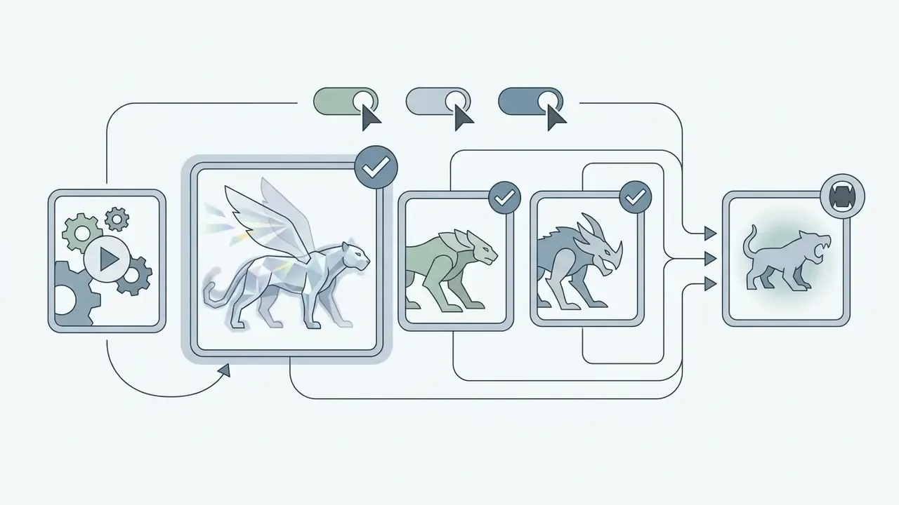 Diagram showing a crystalline winged panther and other creatures processed through a technical pipeline