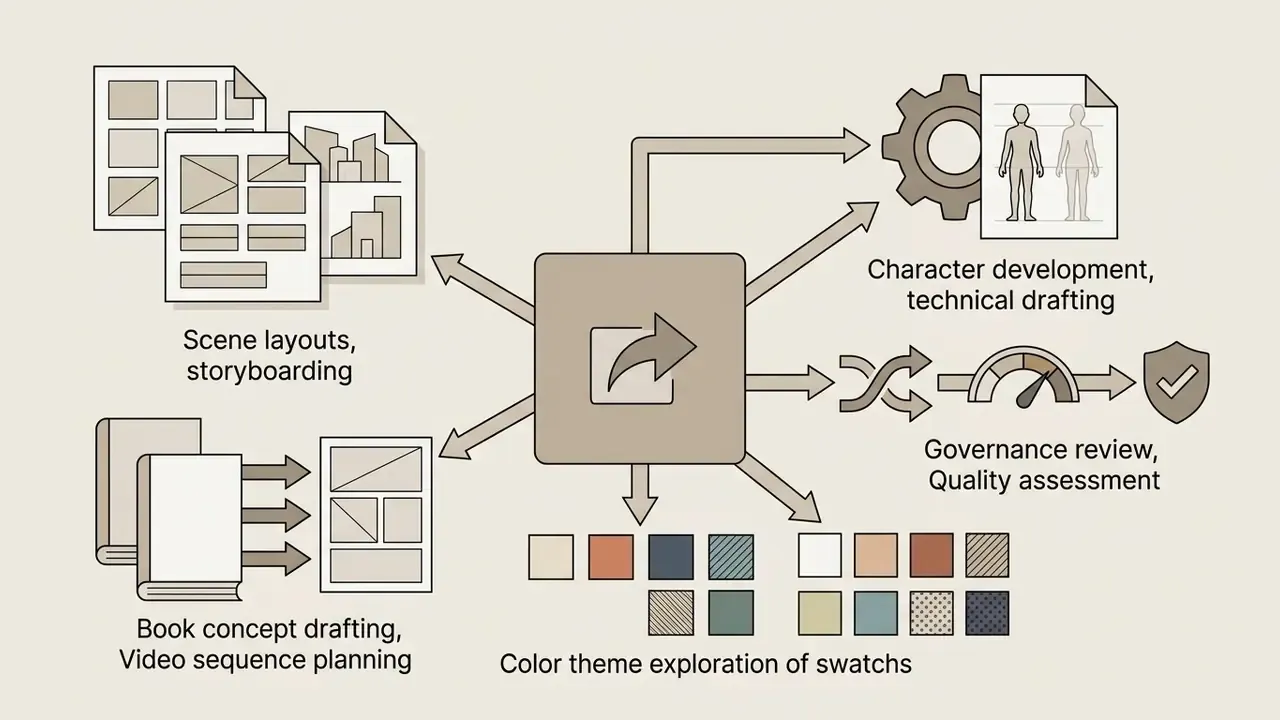 Central icon branching into storyboards, character designs, quality reviews, and color palette swatches