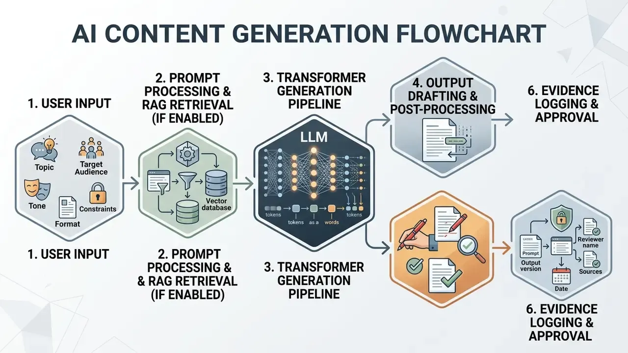 Step-by-step diagram illustrating the technical sequence of AI content generation from input to approval