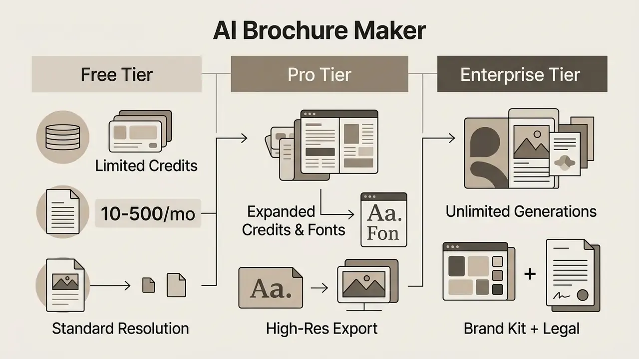Comparison table displaying features for free, pro, and enterprise service tiers with icons and labels