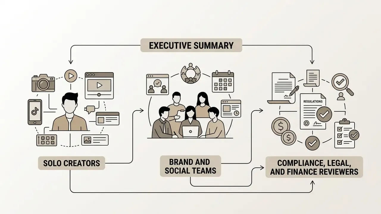 Flowchart connecting solo creators, brand teams, and compliance reviewers for TikTok templates