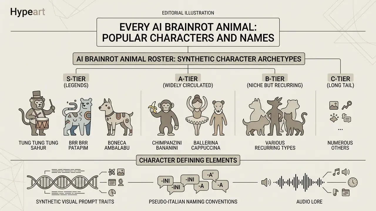 Tier list chart categorizing AI brainrot animals by popularity alongside their defining naming traits