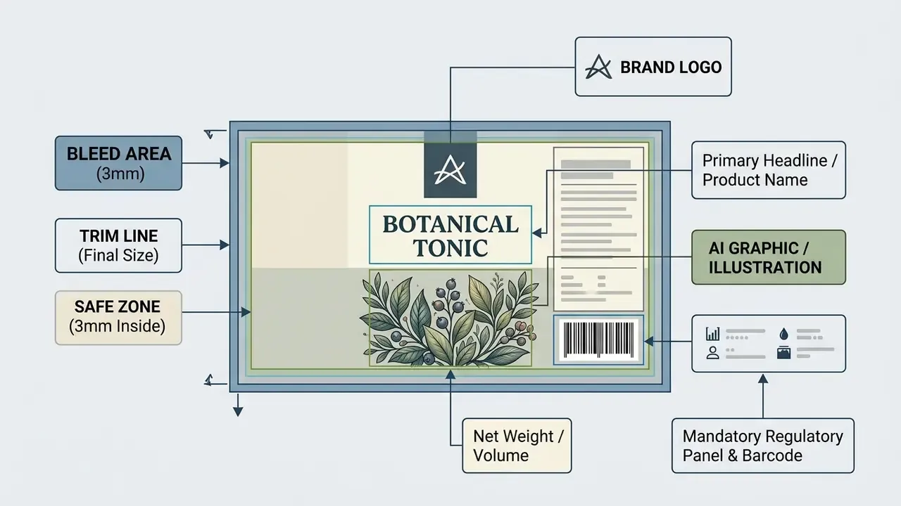 Diagram of a product label layout showing bleed areas, safe zones, and essential design elements