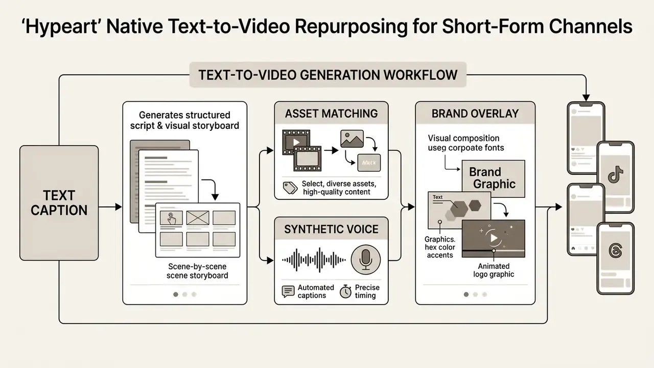 Process steps from text caption to asset matching, voiceover, and brand overlay for video production