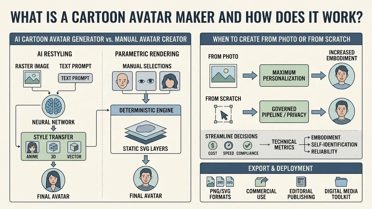 Flowchart contrasting AI restyling and parametric rendering methods for creating personalized avatars