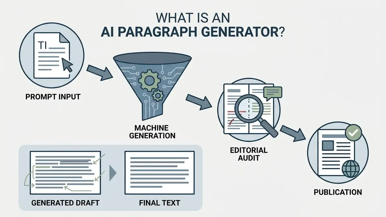Process funnel showing input, machine generation, editorial audit, and final publication of text
