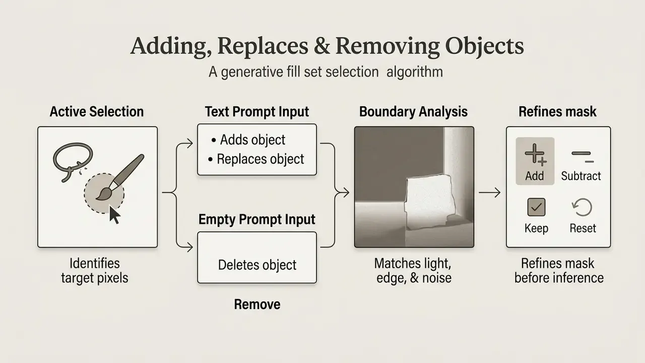 Diagram showing the generative fill process from initial selection to boundary analysis and mask refinement