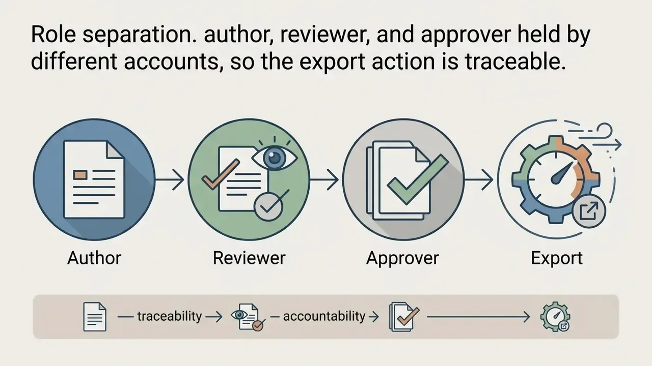 Linear workflow showing author, reviewer, and approver roles leading to a final export process