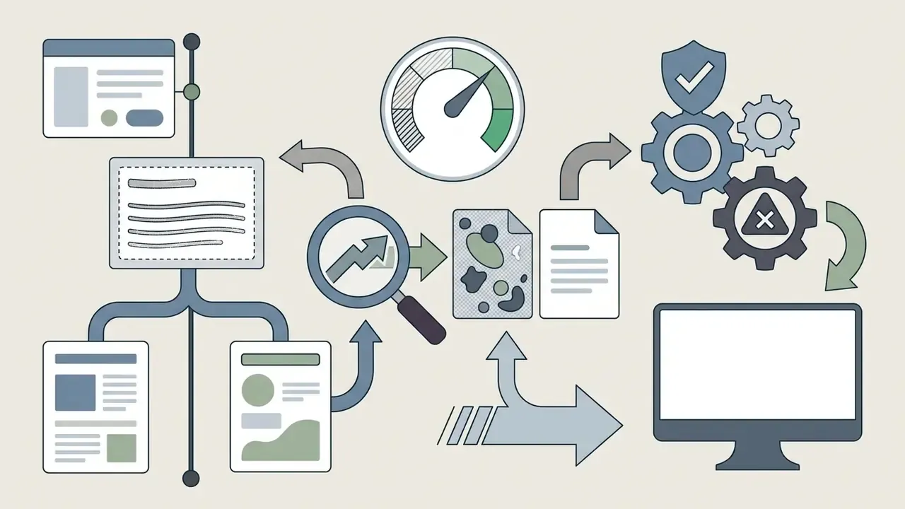 Documents moving through a magnifying glass and gear mechanism toward a computer monitor and status icons