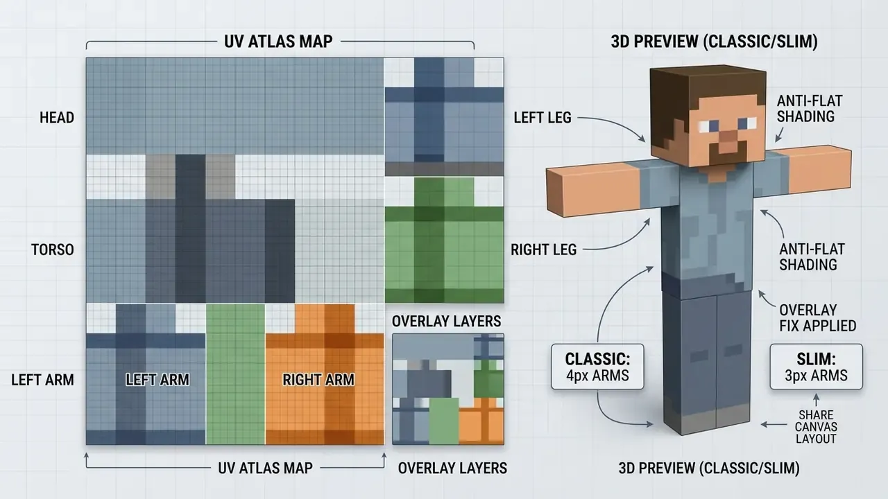 Annotated diagram showing a 64x64 pixel UV texture atlas mapped onto a 3D character model