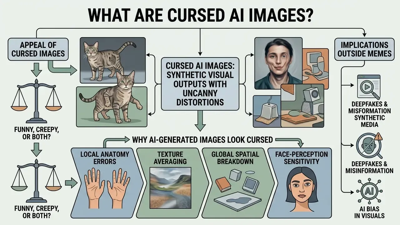 Infographic flowchart explaining the causes, appeal, and societal implications of cursed AI images