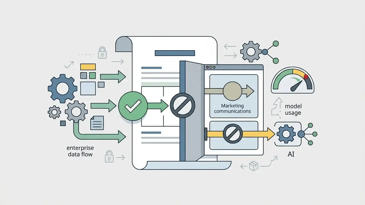 Document and digital interface showing data flow blocked from reaching AI model training processes