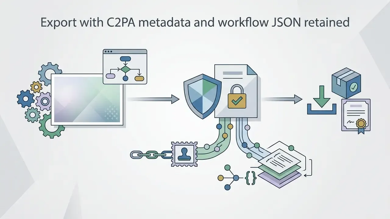 Document with a shield and padlock icon connected to data streams and a download button with a package