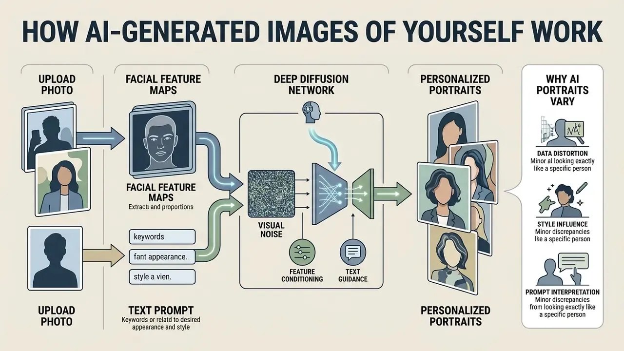 Infographic showing how user photos and text prompts are processed by a deep diffusion network into portraits
