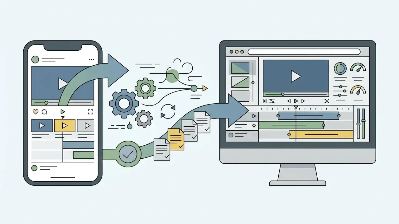 Smartphone and desktop interfaces connected by gears and document icons representing project sync