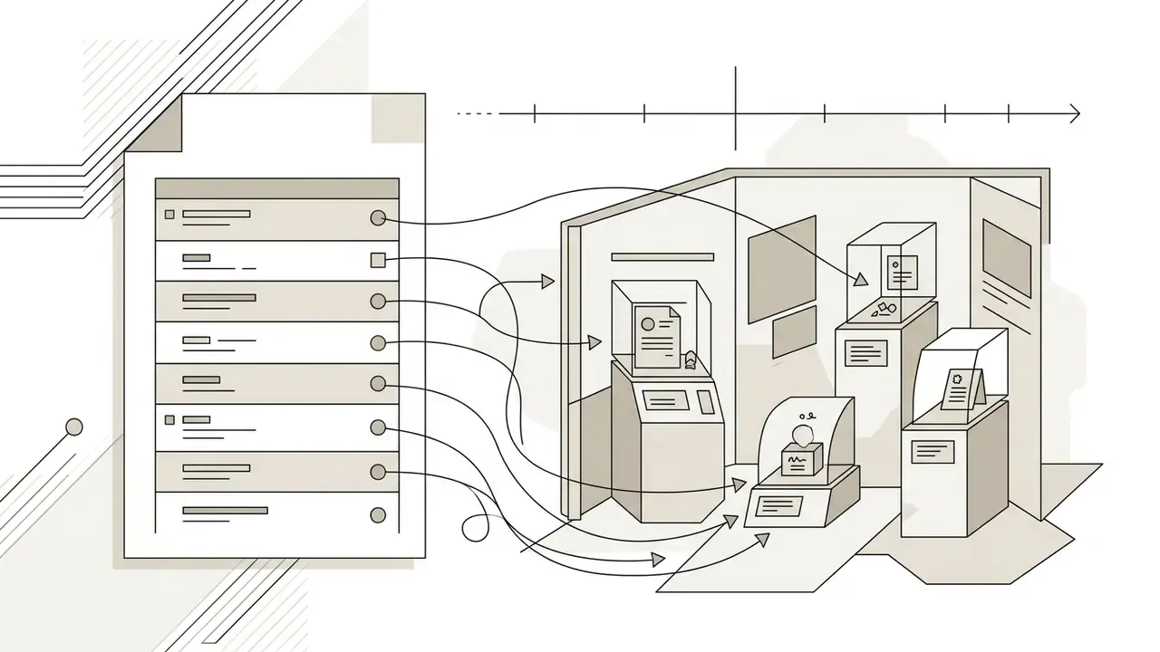 Lines connecting items on a to-do list to various glass display cases inside a museum exhibit