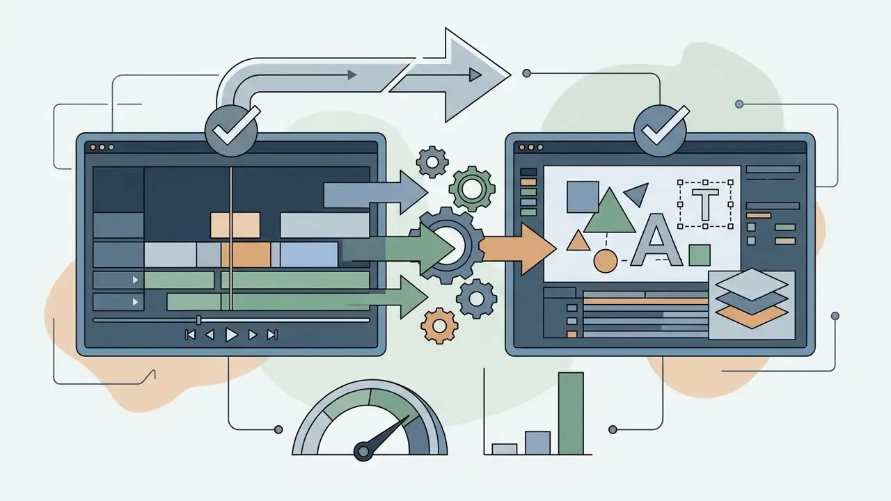 Software interfaces for video editing and motion graphics connected by a central gear system