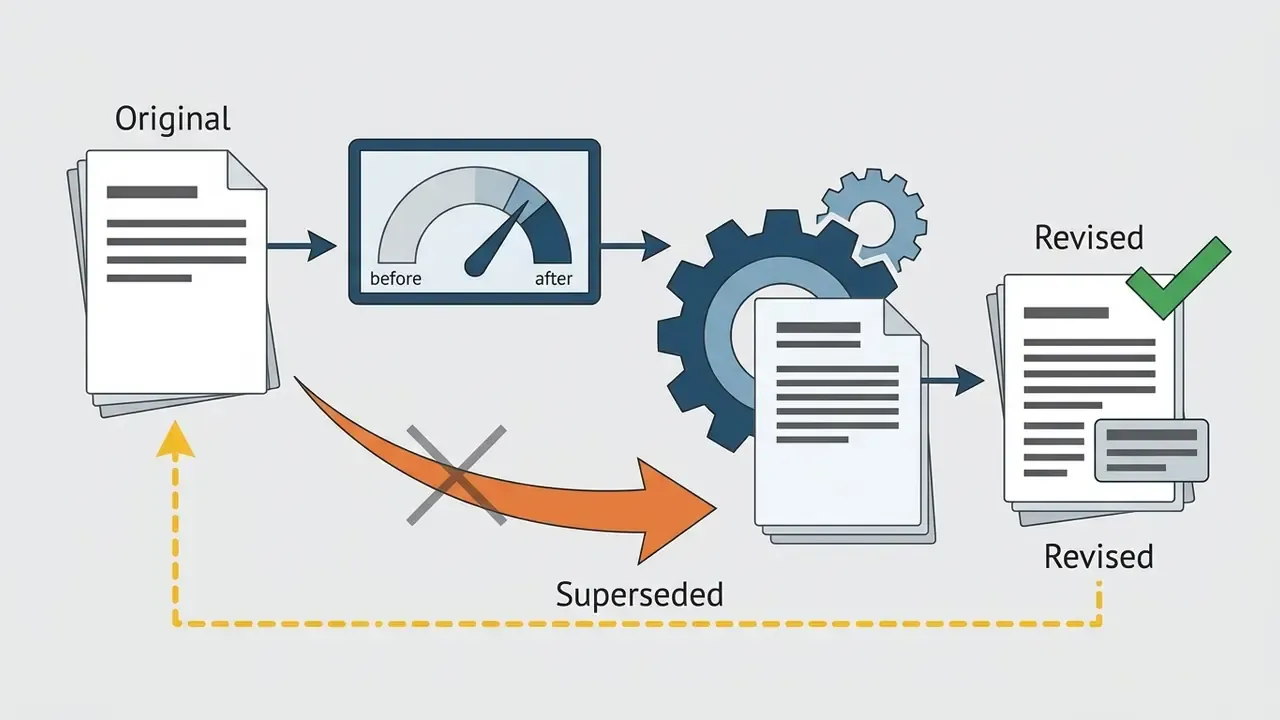 Document transformation process showing an original draft being updated through gears to a revised version