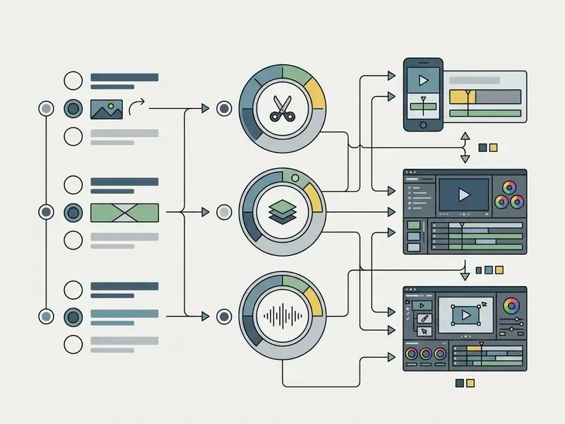 Interactive flowchart mapping user preferences to specific video editing app interfaces and tools