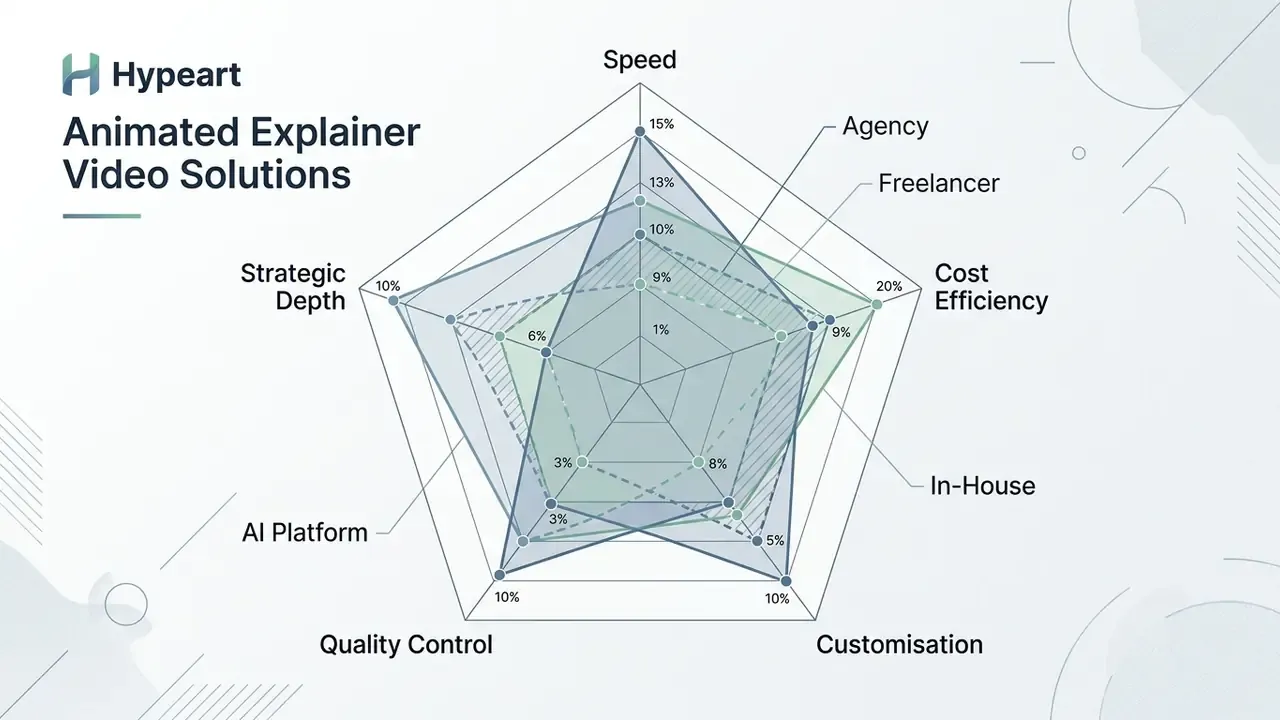 Radar chart comparing agency, freelancer, in-house, and AI platform options across five performance axes