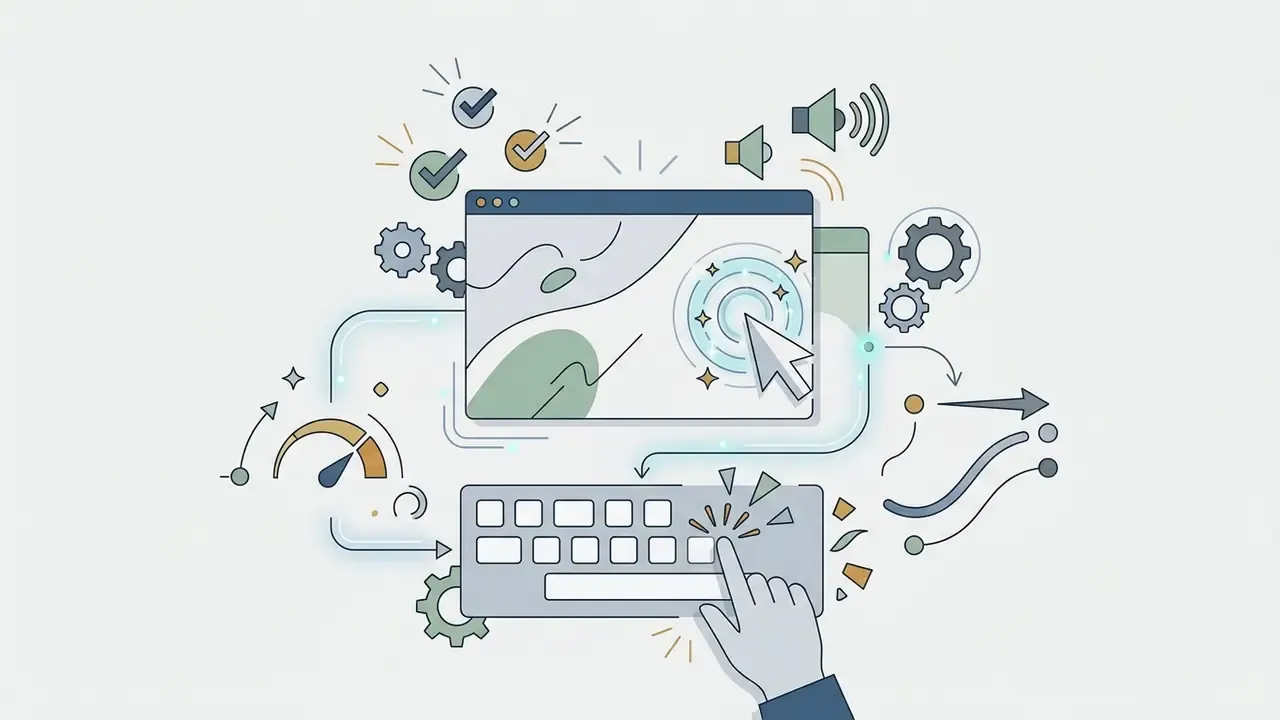 Hand clicking a digital interface and keyboard with sound wave symbols, gears, and progress indicators