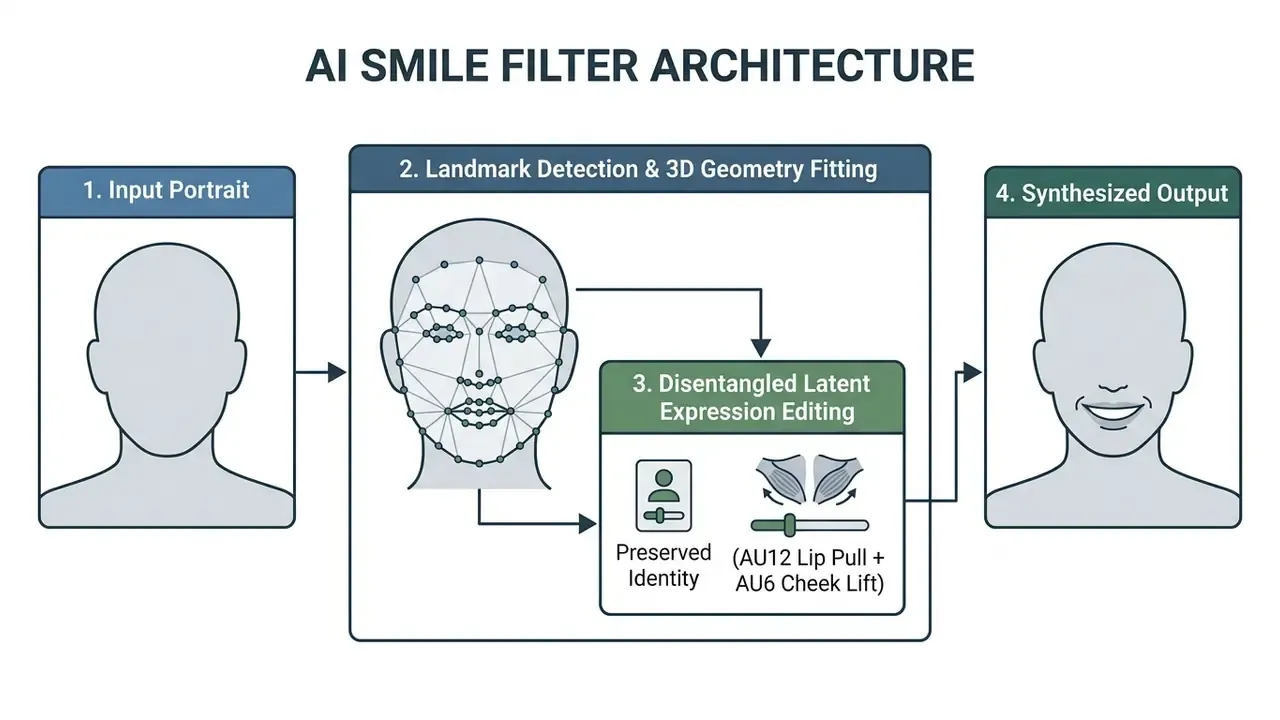 Step-by-step diagram showing facial landmark detection and latent expression editing for an AI smile filter
