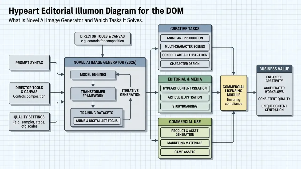 Flowchart showing how a Novel AI Image Generator processes inputs to produce creative and commercial outputs