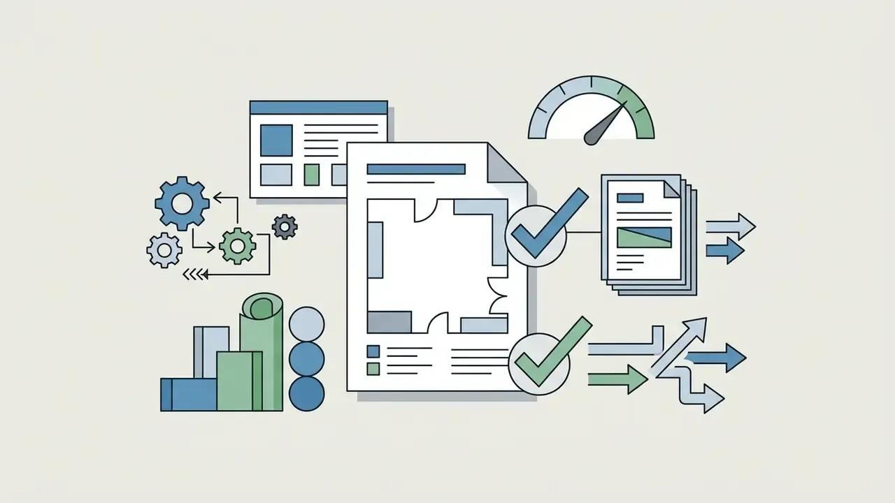 Gear mechanism processing floor plan documents with checkmarks and data flow arrows