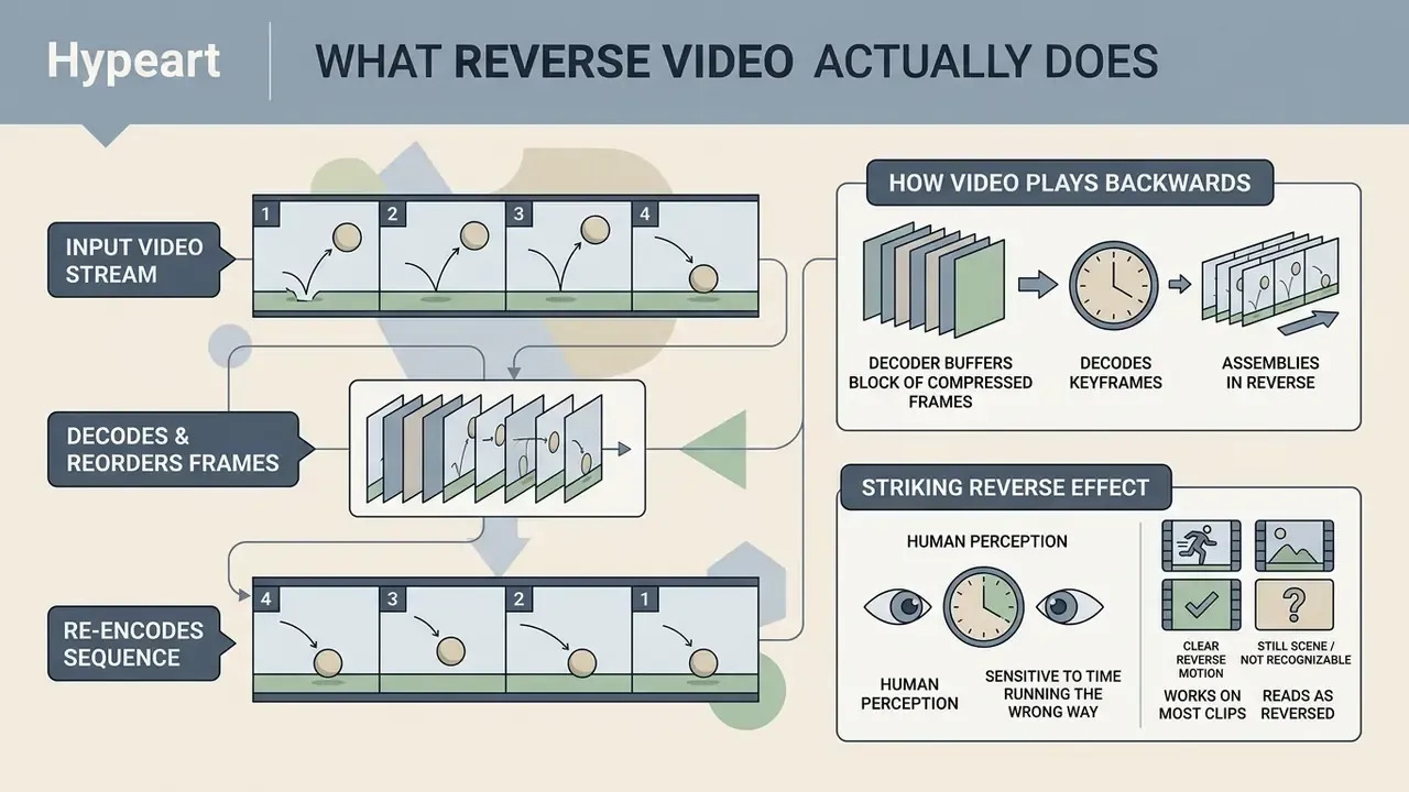 Diagram showing how a reverse video online tool decodes, reorders, and re-encodes frames for playback