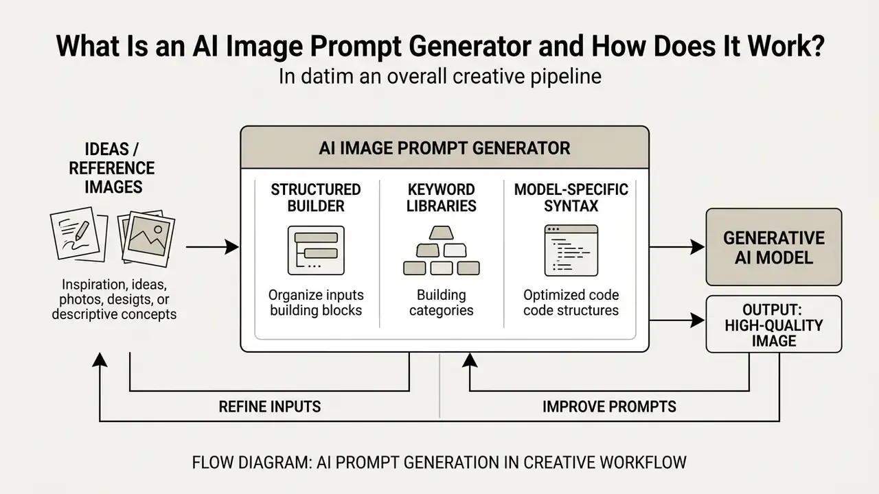 Diagram showing the AI image prompt generator as a central hub connecting creative inputs to model outputs