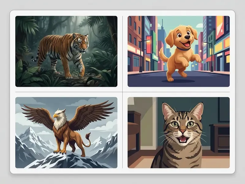 Four panels showing a tiger in a jungle, a cartoon puppy, a winged griffin, and a talking cat